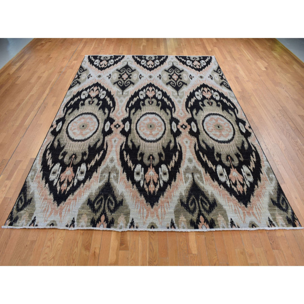 Eerie Black 100% Wool Ikat Uzbek Design Hand Knotted Oriental Rug 9'1" x 13'