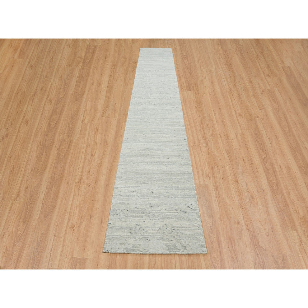 Ivory and Light Gray Hand Spun Undyed Natural XL Runner Oriental Rug 2'6"x16'
