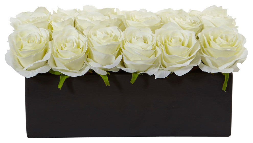 Dozen Silk Roses, Ceramic Rectangular Planter, White