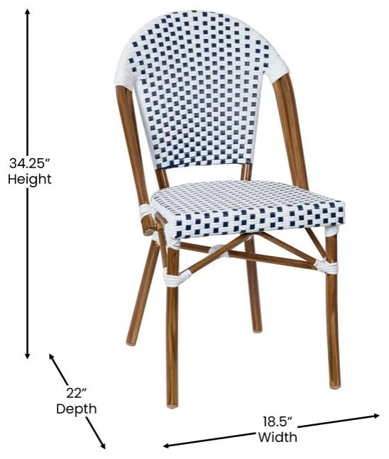 Set of 2 Indoor Outdoor Dining Chair, Woven Rattan Seat & Back, White & Navy
