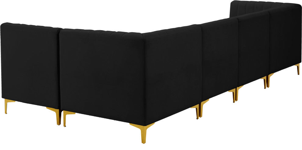 Alina Velvet Modular L-Shaped Modular Sectional, Black, 5-Piece: 3 Armless Chair, 2 Corner Chair