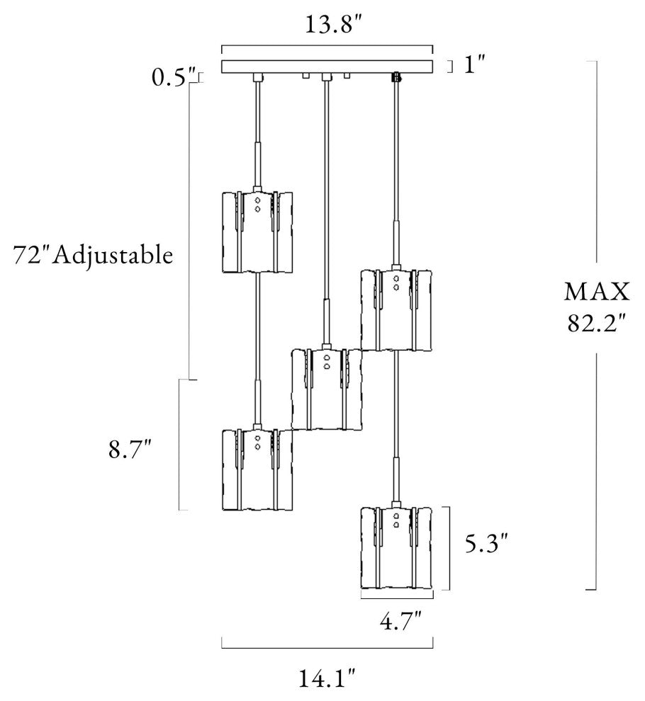 LNC Tucana Polished Gold Matte Black Modern Pendant Light, Textured Glass, 5 Light