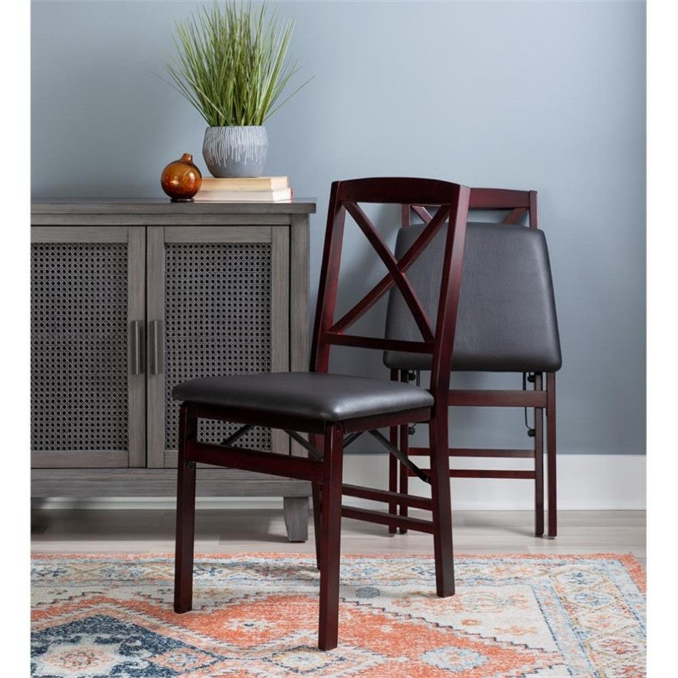 Linon Triena X-Back Set of 2 Folding Chairs Faux Leather Seat in Merlot Wood