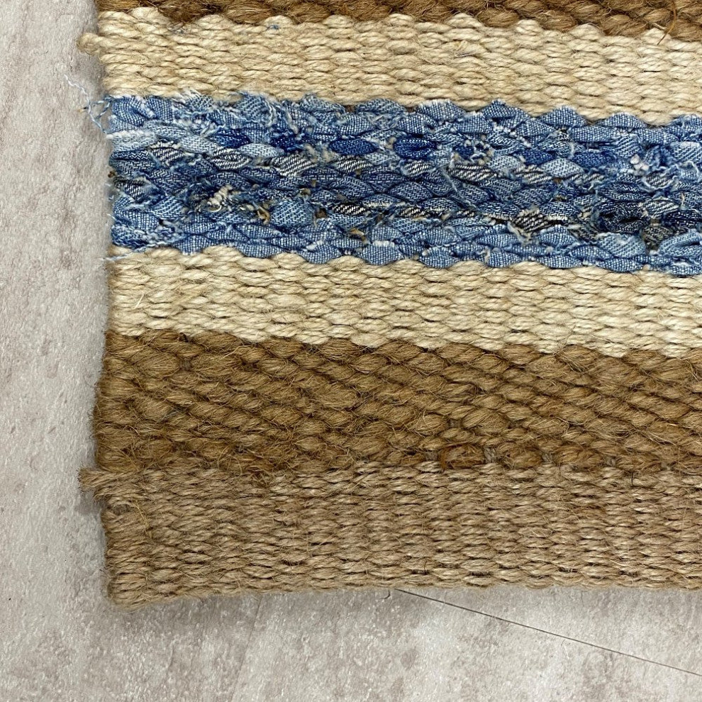 5" x 7" Tan and Blue Striped Area Rug