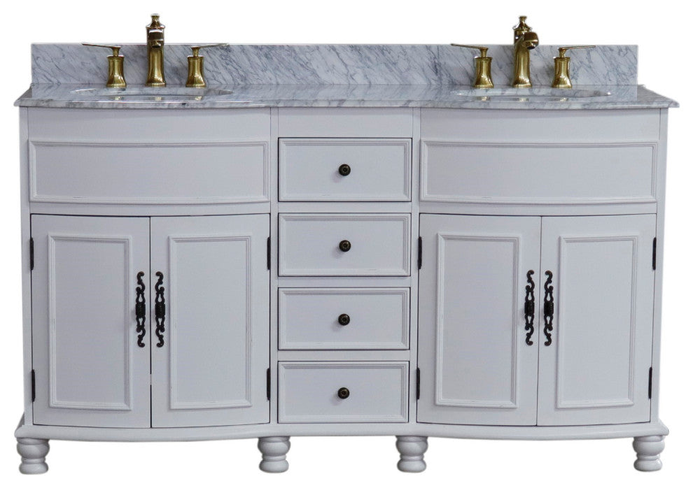 62" Double Sink Vanity Antique White Finish, White Marble Top