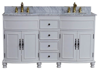 62" Double Sink Vanity Antique White Finish, White Marble Top