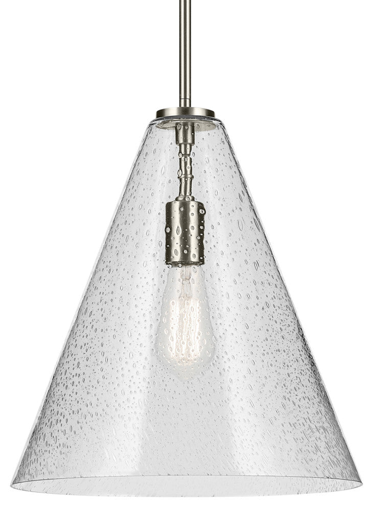 Everly 15.5" 1-Light Cone Pendant With Clear Seeded Glass, Brushed Nickel