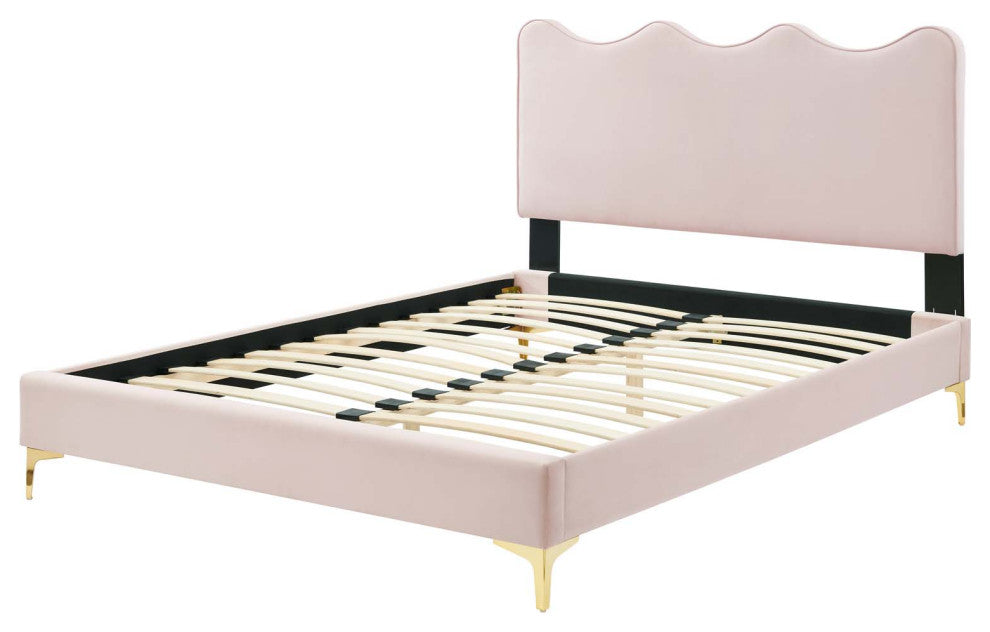 Platform Bed Frame, King Size, Pink, Velvet, Modern, Bedroom Master Guest Suite