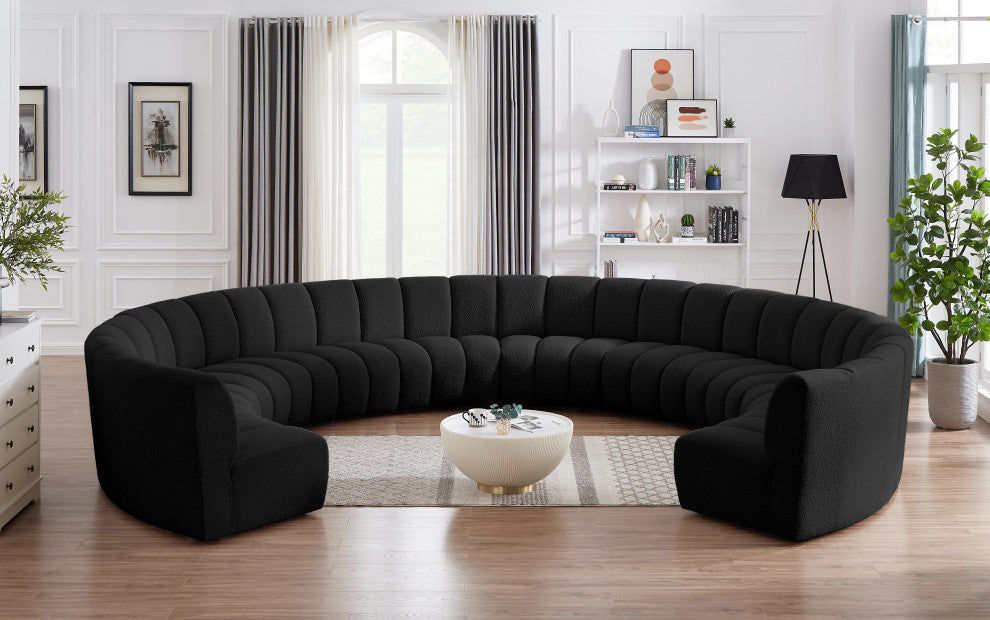 Infinity Black Boucle Fabric Upholstered Arc Shaped Modular Sectional, Black, 10-Piece, Arc-Shaped