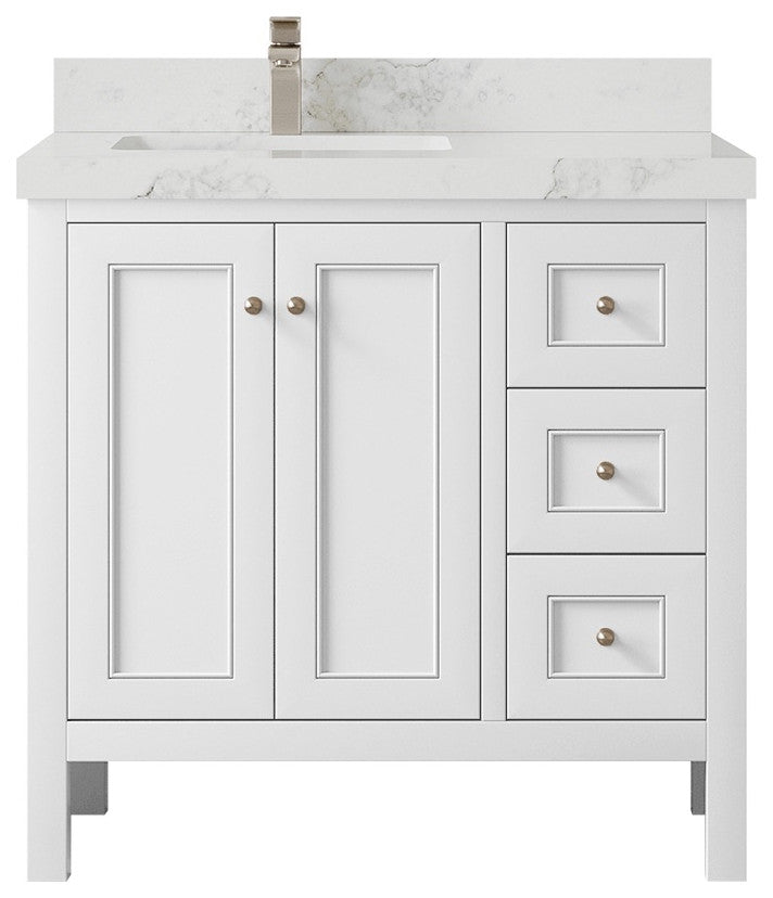 Nashville 36" Left Offset Bath Vanity, White 2" Calacatta Nuvo