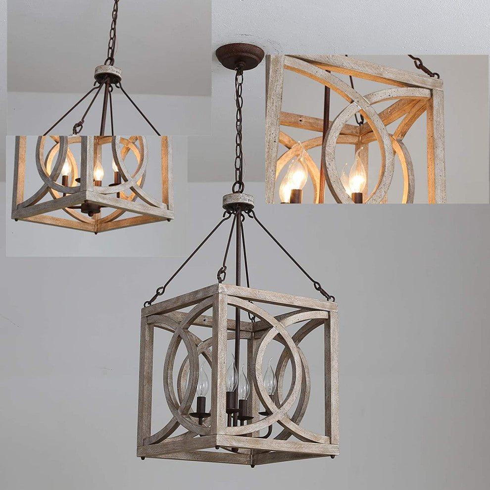 4 Light Square Wood Chandelier Vintage Cage Pendant Light Fixture