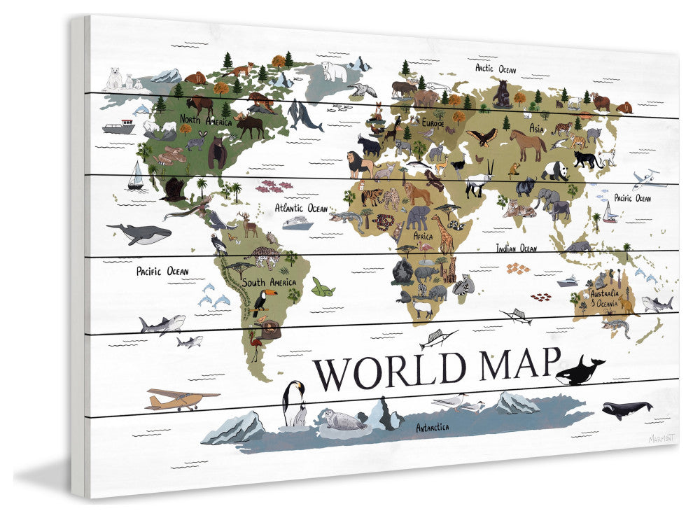 "World Map of Animals" Painting Print on White Wood, 36x24