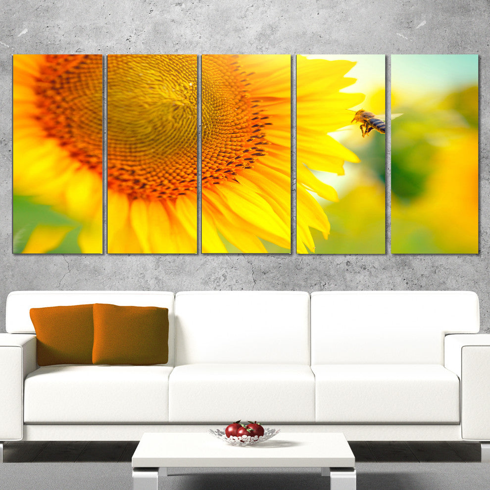 Beautiful Sunflowers Blooming, Large Animal Canvas Art Print, 60"x28", 5 Panels