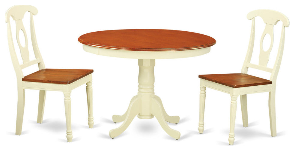 3 Pc Set, Round Kitchen Table, 2 Wood Dinette Chairs, Buttermilk, Cherry .