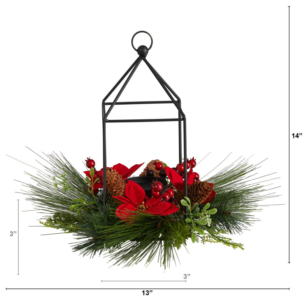 14" Xmas Poinsettia, Berry & Pinecone Metal Candle Holder Faux Table Arrangement
