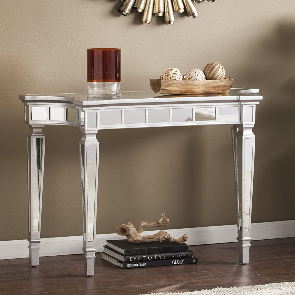 Mirrored Console Table, Elegant Tapered Legs and Beveled Top, Matte Silver