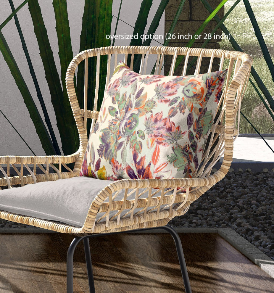 26" Orange Green Florals Indoor Outdoor Zippered Throw Pillow