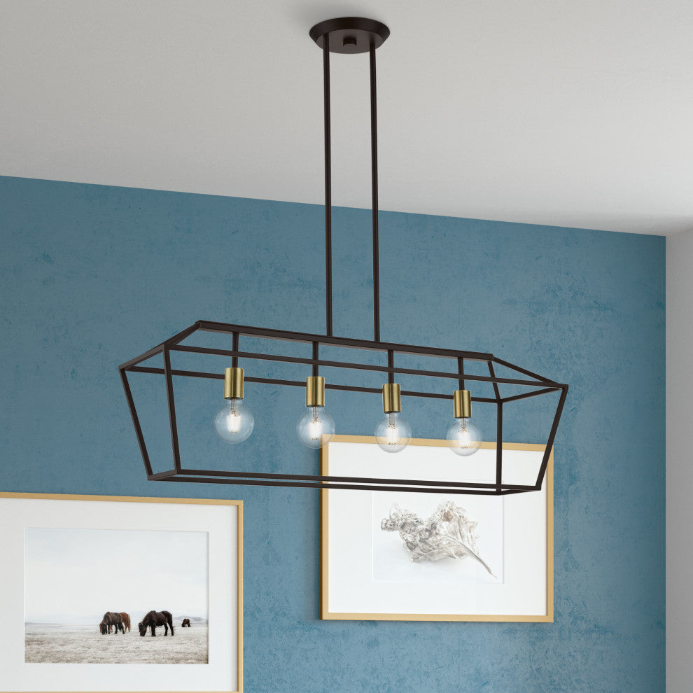 Devone 4 Light Bronze With Antique Brass Accents Linear Chandelier