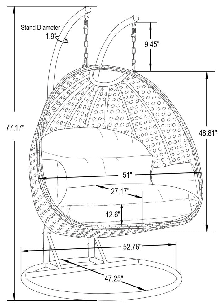 LeisureMod Mendoza Dark Brown Wicker Hanging Double Egg Swing Chair, Light Gray
