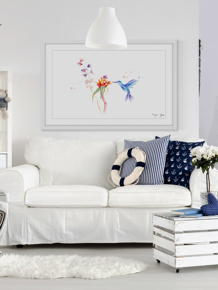 Marmont Hill, "Blue Hummingbird" by Maya Gur Framed Painting Print, 45x30