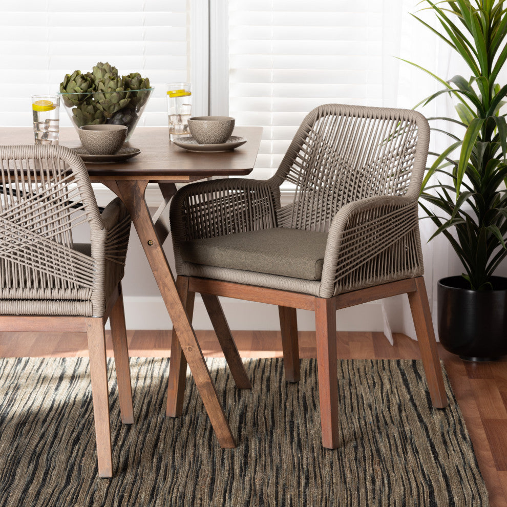 Jennifer Mid-Century Transitional Grey Woven Rope Mahogany Dining Arm Chair