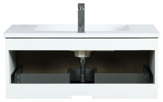 Scopi 36 Rustic Vanity, Acrylic Top With Sink, Gun Metal Faucet Set, 28 Mirror