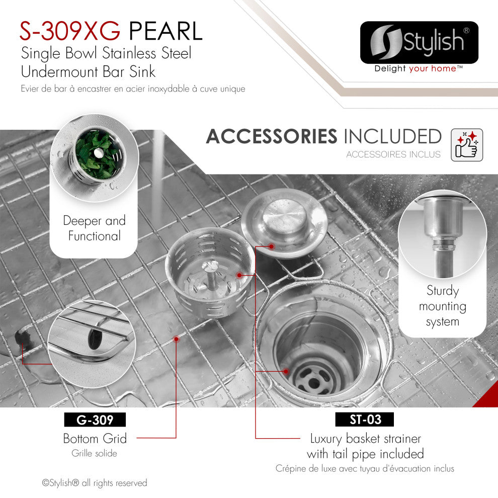 STYLISH 16"L x 18"W Undermount Bar Sink Single Bowl with Grid and Strainer