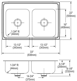 LR3322PDMR2 Lustertone Classic Stainless Steel 33" Sink Perfect Drain MR2
