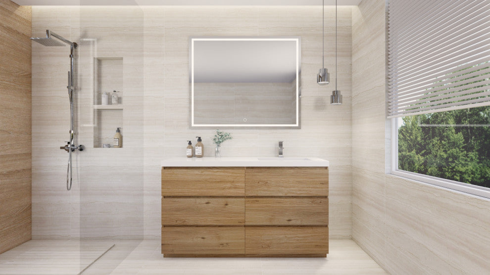 Alston 60" Free Standing Modern Vanity, Nature Oak, Glossy White Top