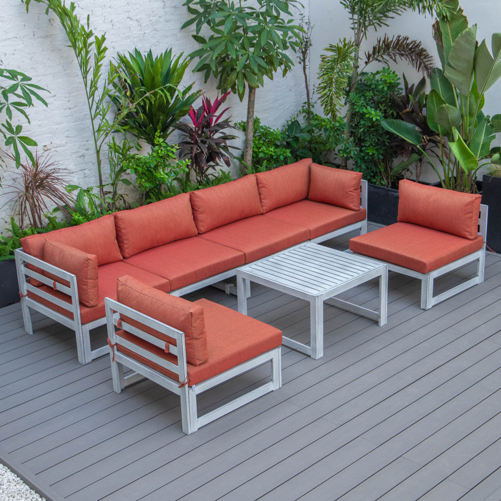 LeisureMod Chelsea 7-Piece Gray Patio Sectional With Coffee Table, Orange