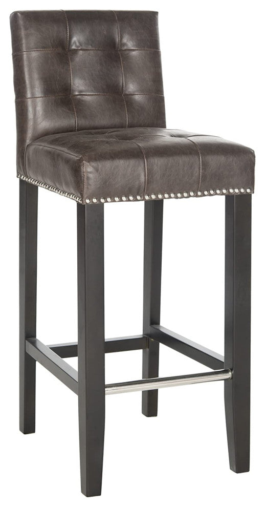 Contemporary Bar Stool, Birch Base With Tufted Seat and Nailhead, Antique Brown/