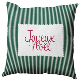 Joyeux Noel Ticking Accent Pillow, Forest Green, 16"x16"