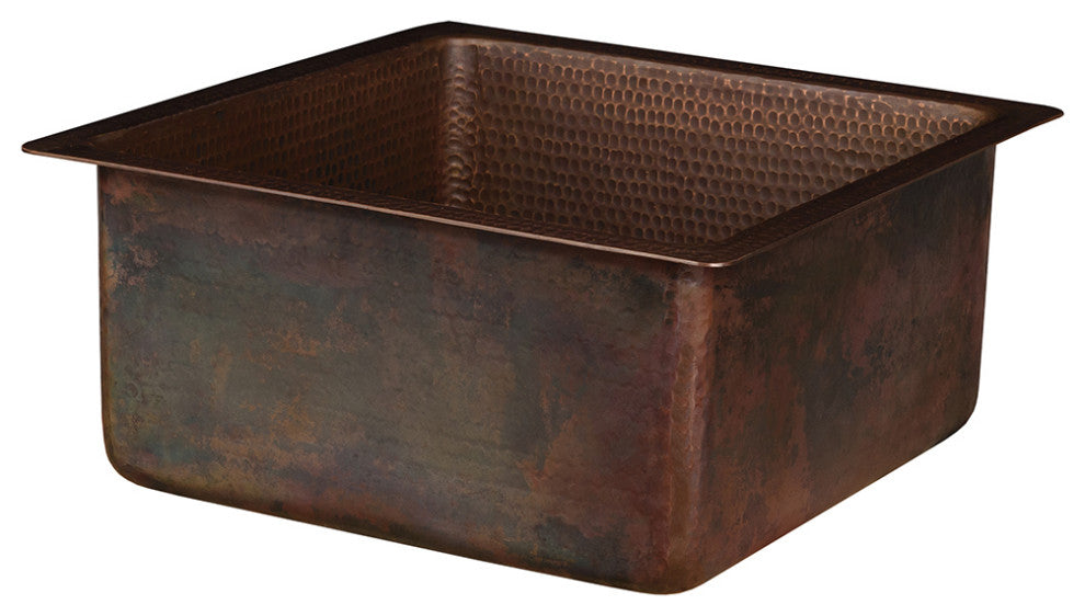 16" Square Hammered Copper Bar/Prep Sink, 3.5" Drain Opening