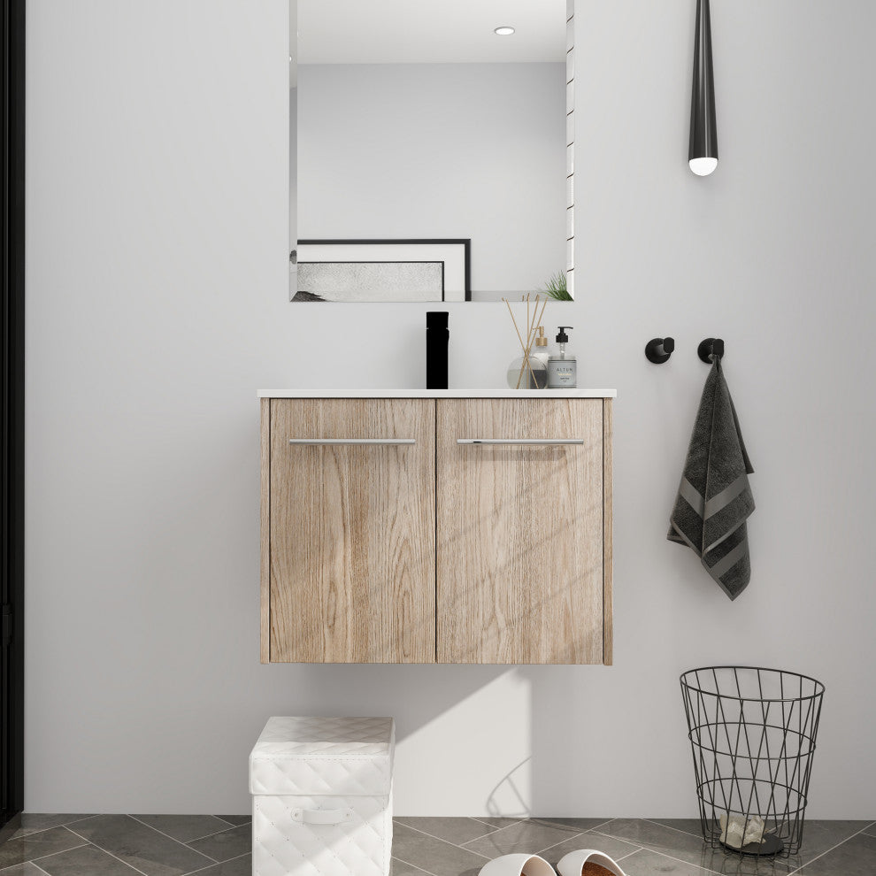 24" Plywood Wall Mounted Bath Vanity Set, Integrated Resin Sink
