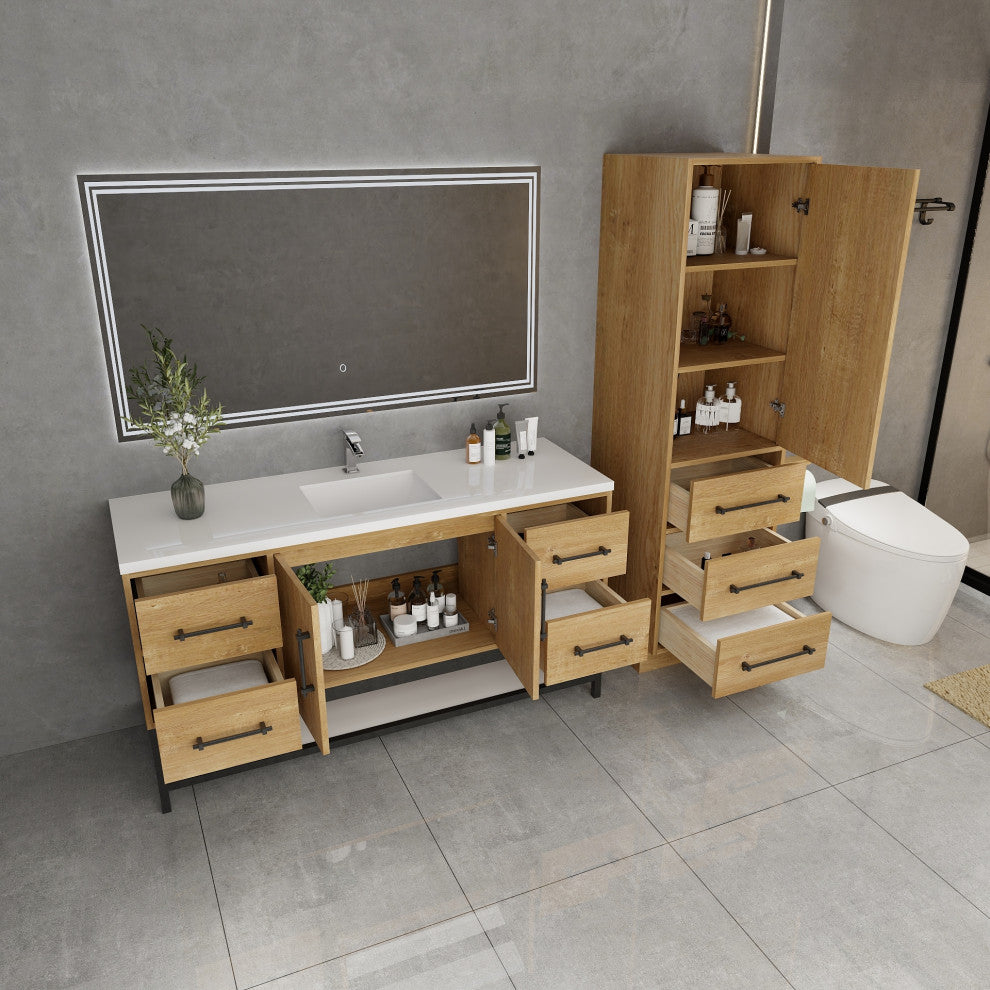 Victoria 60'' Solid Wood Open Shelf Bath Vanity Single Sink, Oak