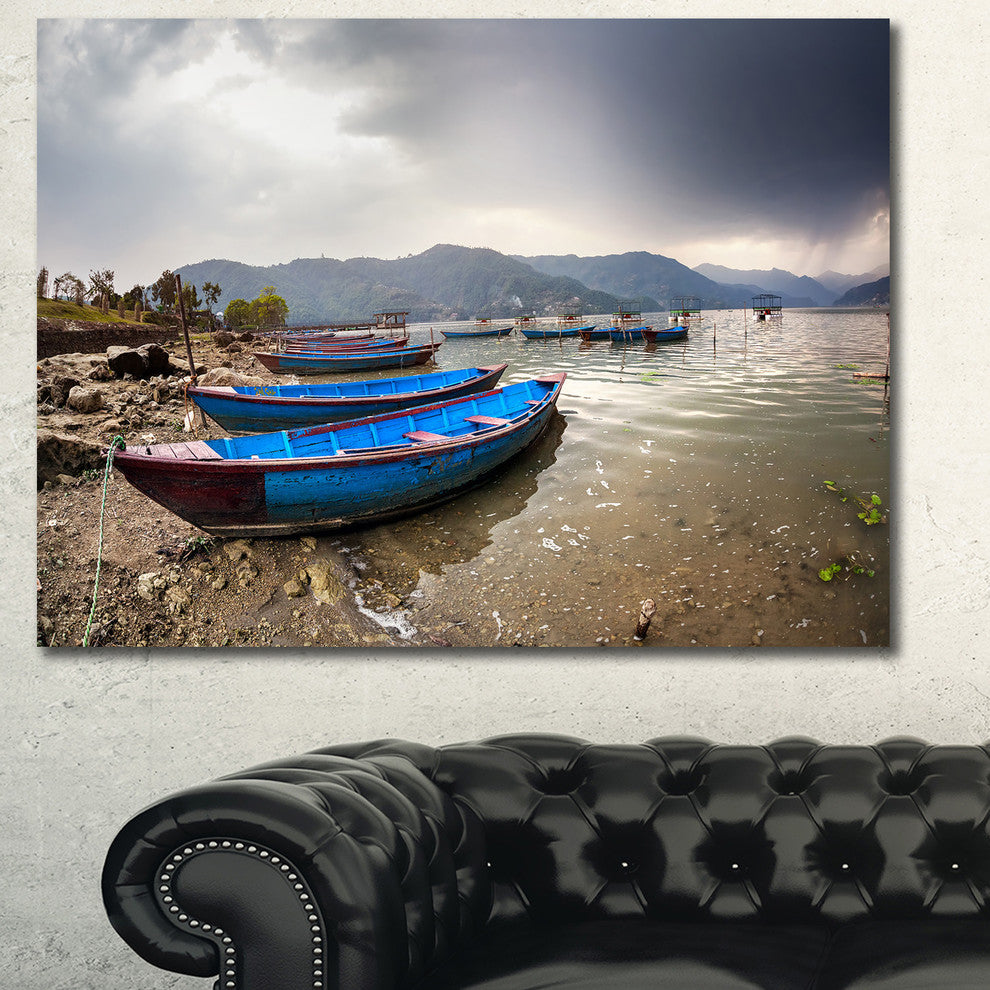 Blue Boats in Pokhara Lake, Boat Canvas Art Print, 40"x30"