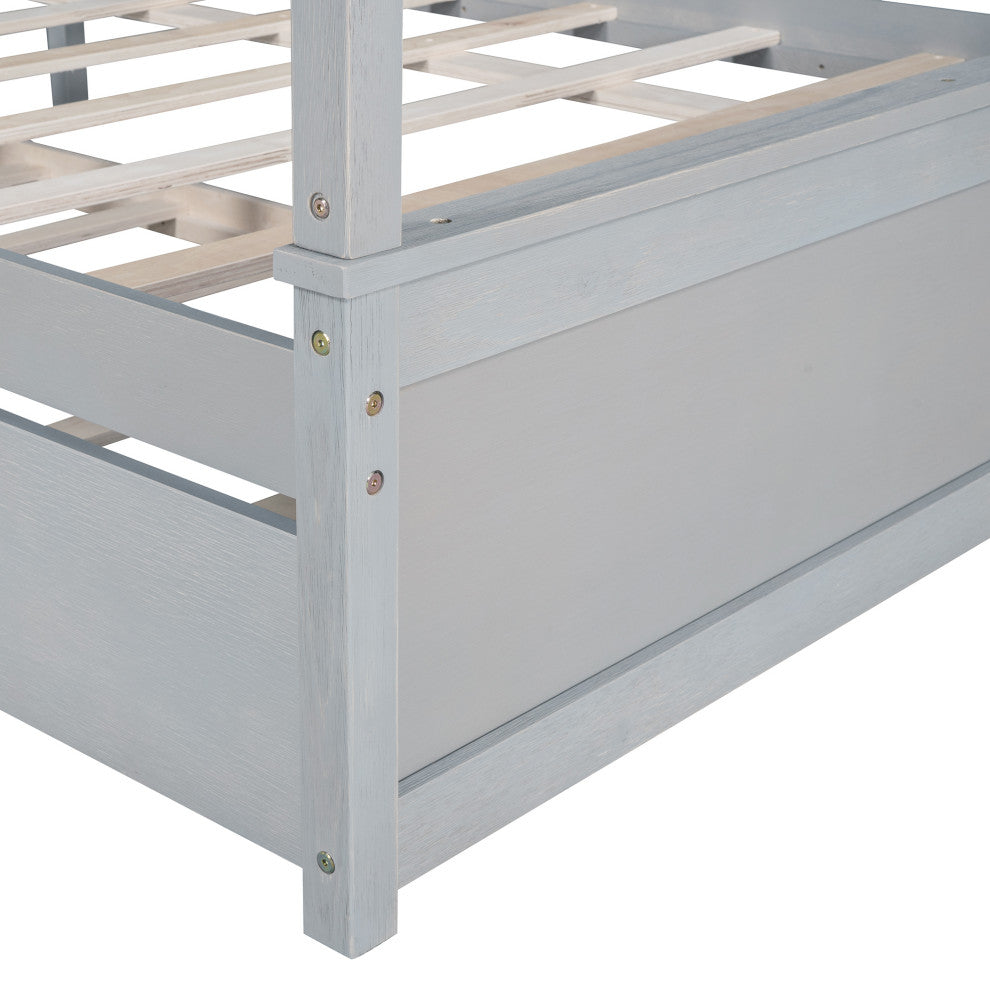 Full Wood Frame Canopy Platform bed with Trundle Bed, Grey, Full