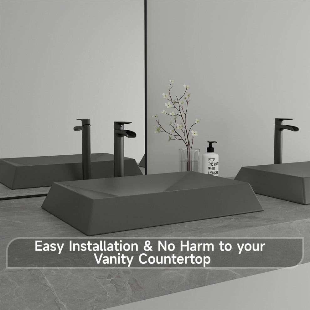 27in Bathroom Concrete Rectangular Vessel Sink with Drainer, Black Earth