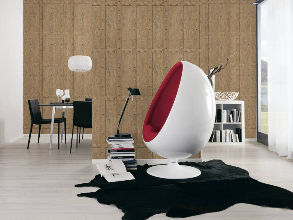 Nature Textured Wallpaper Featuring Wooden Joints Pattern, Brown, Sample