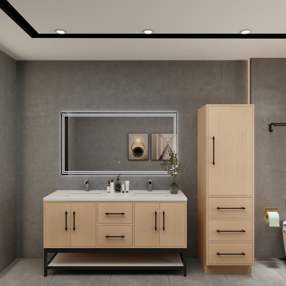 Victoria 60'' Solid Wood Open Shelf Bath Vanity Double Sink, Yellow Oak