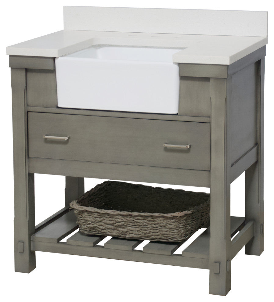 Charlotte 36" Bathroom Vanity, Weathered Gray, Quartz Top