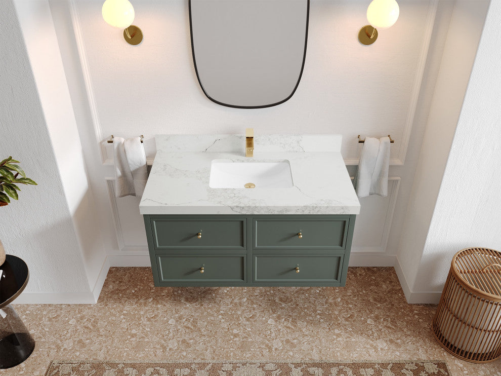Roswell Floating 42" Single Sink Bath Vanity, Pewter Green 2" Calacatta Nuvo