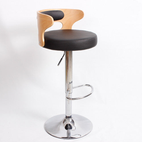 Metal Leg High Rotating Lifting Bar Stool Made of Leather, Black, Light Wood Backrest