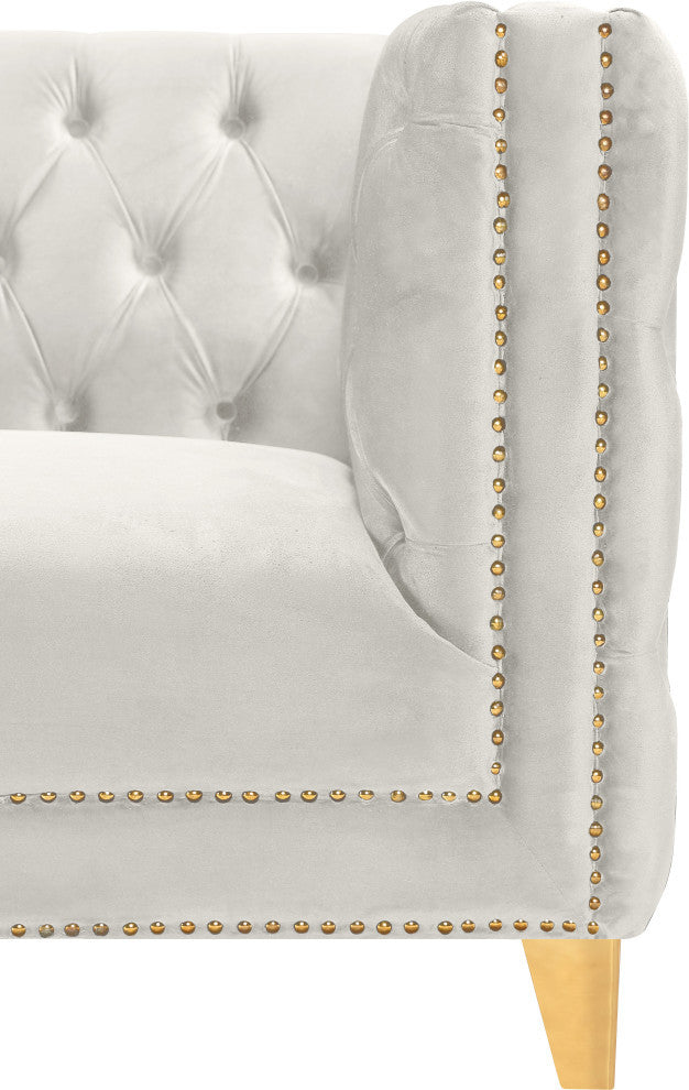 Michelle Fabric Upholstered Chair, Gold Iron Legs, Cream, Velvet, Loveseat