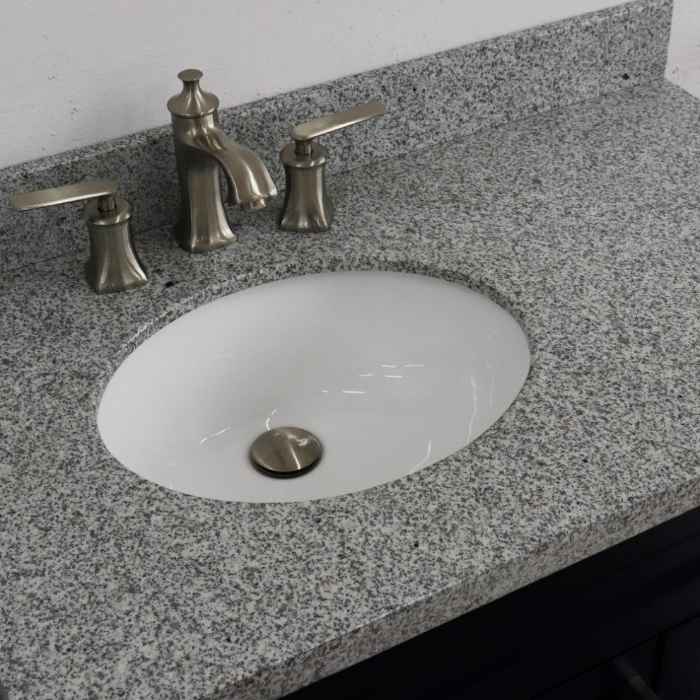37" Single Sink Vanity, Blue Finish With Gray Granite And Left Door/Left Sink