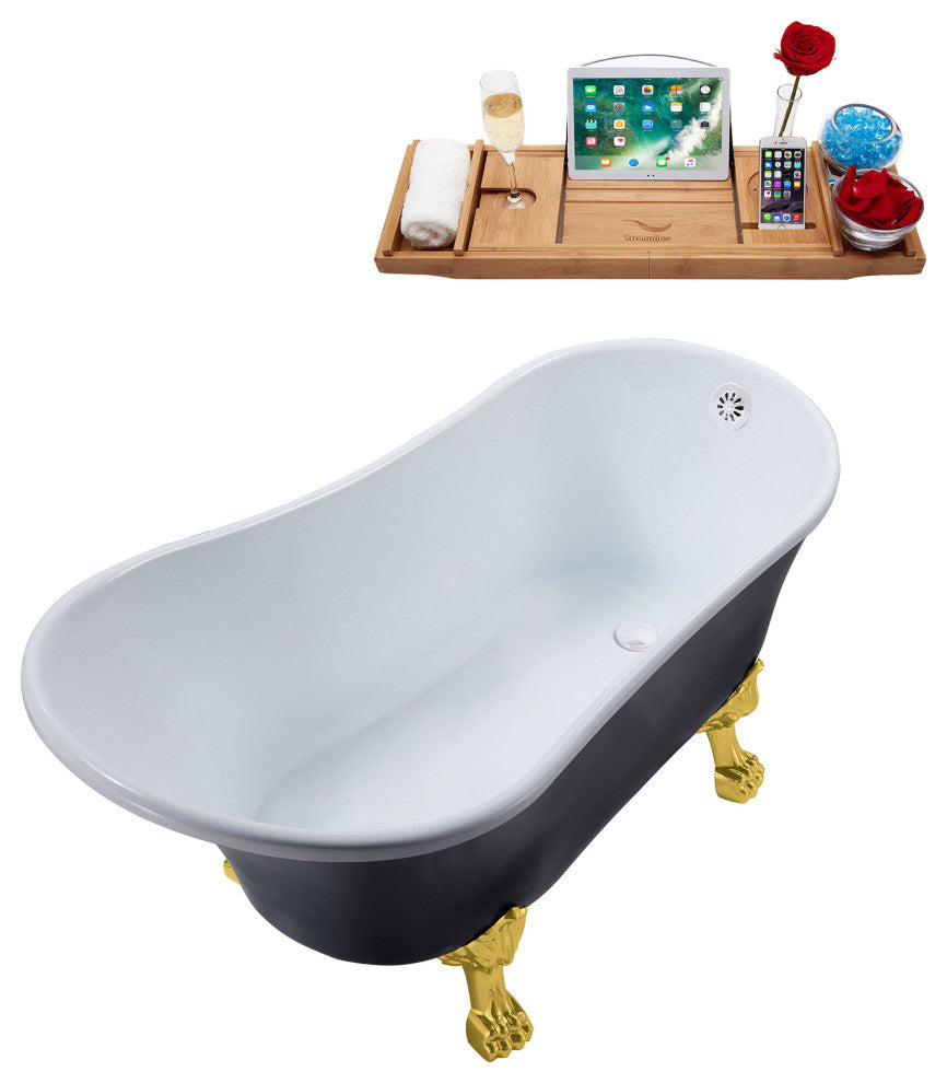 63" Streamline N353GLD-WH Soaking Clawfoot Tub and Tray With External Drain