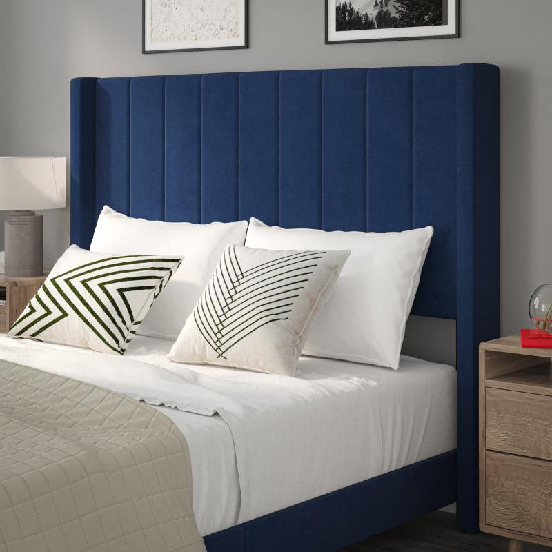 Bianca Upholstered Platform Bed w/Vertical Stitched Wingback Headboard, Navy Velvet, Queen