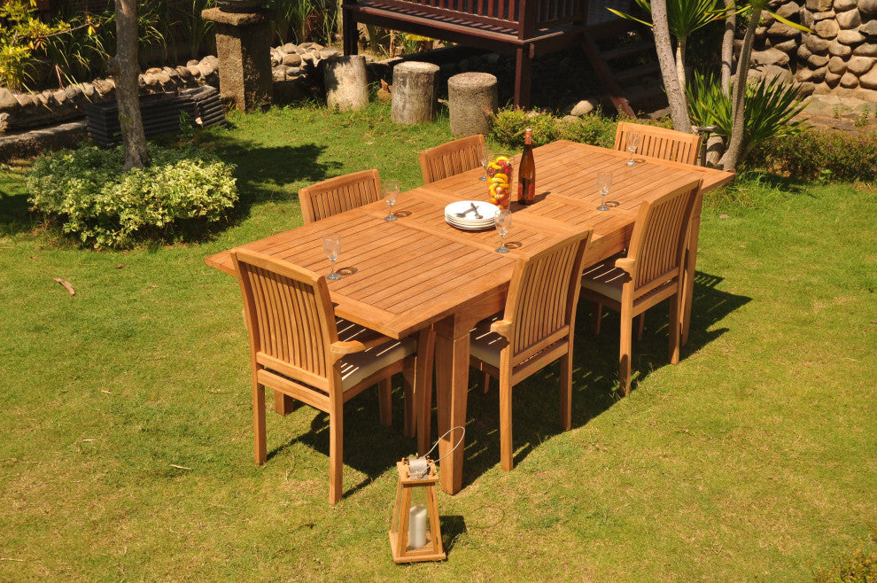 7-Piece Outdoor Teak Dining Set: 122" Rectangle Table, 6 Lua Stacking Arm Chairs