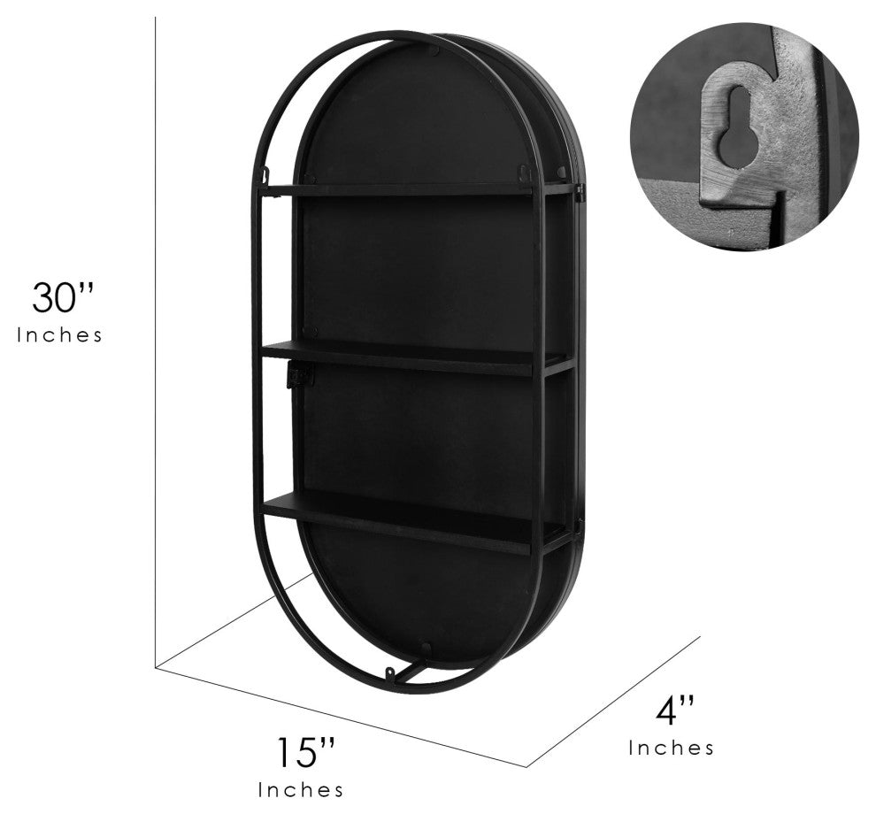 Black Metal Framed Oval Vanity Wall Mirror with Shelves - 15" x 30"