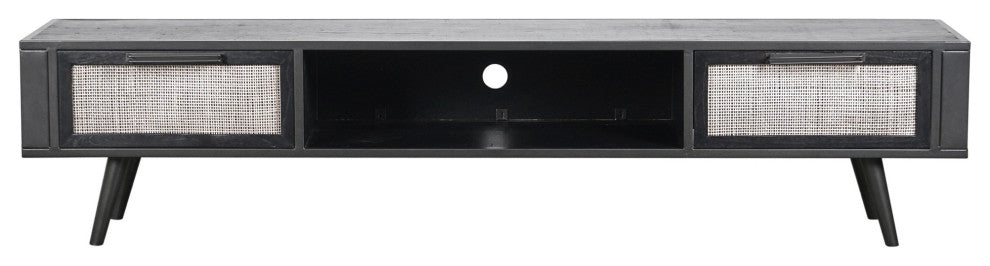 Rustic Black and Rattan TV Stand With Two Drawers